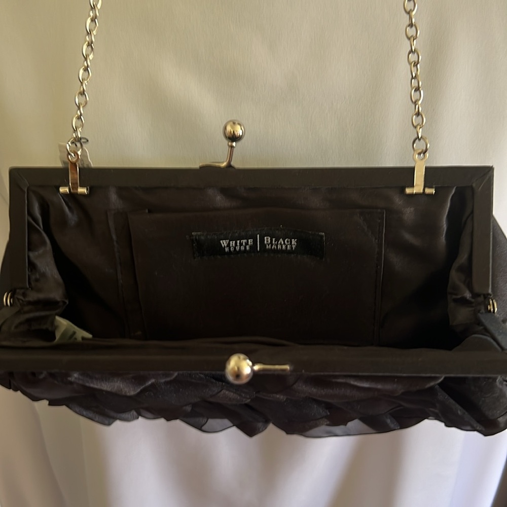 NWT: White House Black Market Ruffle Clutch Evening Bag, 21” silver chain, satin - Picture 7 of 8